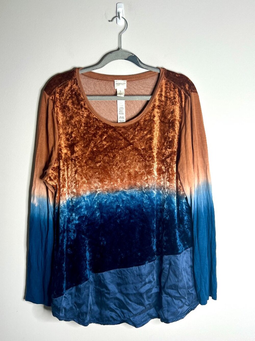 Chico's Crushed Velvet Ombre Boho Long Sleeve Top Fall Witchy Transition Sz XL